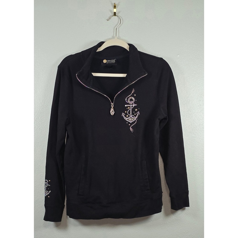 Christine Alexander Black Crystal Anchor Quarter Zip Sweatshirt Womens Medium
